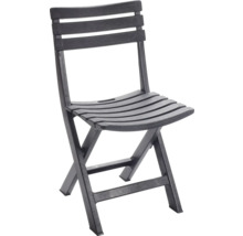 Chaise de jardin pliante avec dossier et assise à lattes en matériau sombre et résistant.