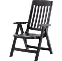 Fauteuil de jardin pliant en plastique anthracite avec accoudoirs et dossier haut.