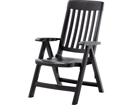 Fauteuil de jardin pliant en plastique anthracite avec accoudoirs et dossier haut.