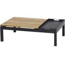 Loungetisch mit schwarzem Metallgestell, Tischplatte aus hellen Holzlatten und integriertem schwarzem Tablett mit Griffen.