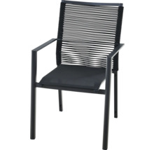 Chaise de jardin noire avec accoudoirs, structure en métal, dossier en corde tressée, assise en textilène.
