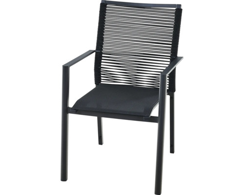 Chaise de jardin noire avec accoudoirs, structure en métal, dossier en corde tressée, assise en textilène.
