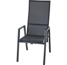 Chaise de jardin avec dossier haut, accoudoirs, structure en métal et revêtement en textilène.