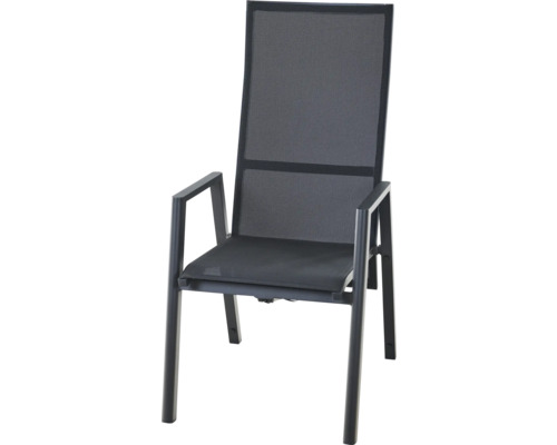 Chaise de jardin avec dossier haut, accoudoirs, structure en métal et revêtement en textilène.