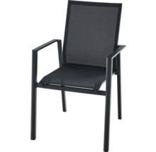 Chaise de jardin empilable avec accoudoirs, structure en métal et assise en textilène noir.