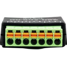 Module électronique avec borne de raccordement à 7 pôles et leviers orange.