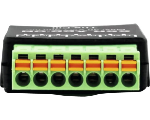 Module électronique avec borne de raccordement à 7 pôles et leviers orange.