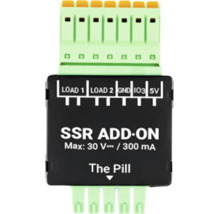 Module SSR Add-on pour The Pill avec raccordements pour Load 1, Load 2, GND, IO3 et 5 Volt. Maximum 30 Volt courant continu et 300 milliampères.