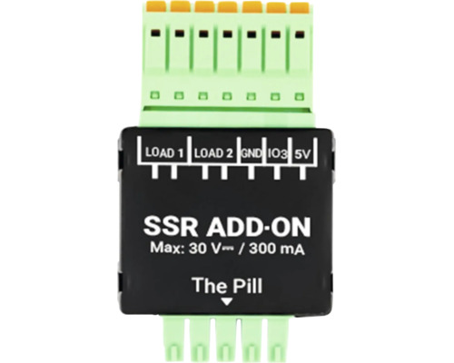 Module SSR Add-on pour The Pill avec raccordements pour Load 1, Load 2, GND, IO3 et 5 Volt. Maximum 30 Volt courant continu et 300 milliampères.