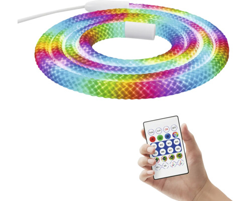 Flexibler LED-Lichtschlauch mit Regenbogenfarben und Fernbedienung zur Farbsteuerung.