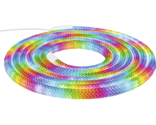 Aufgerollter LED-Lichtschlauch in Regenbogenfarben mit weißem Anschlusskabel.