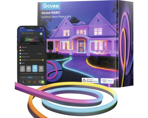 Govee RGBIC Neon Seil Licht für den Außenbereich mit Smartphone und Google Home sowie Alexa Kompatibilität.