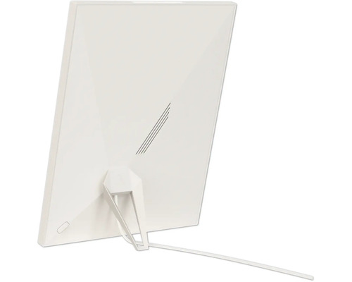 Vue arrière d'une lampe de luminothérapie moderne avec un dos facetté, un support intégré et un câble d'alimentation.