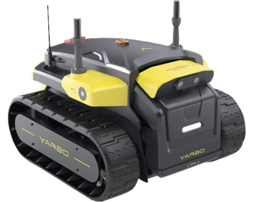 Unité de base pour robot de jardin Yarbo avec chenilles en caoutchouc, antennes et capteurs intégrés pour l'entretien automatisé du jardin.