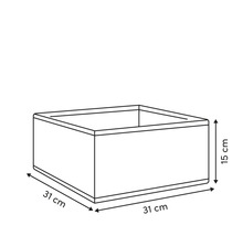 Illustration d'une boîte de rangement mesurant 31 cm x 31 cm x 15 cm.