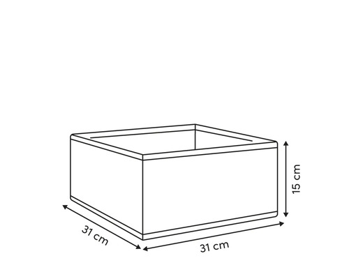 Illustration d'une boîte de rangement mesurant 31 cm x 31 cm x 15 cm.