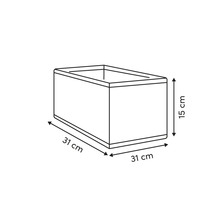 Image d'un bac à plantes avec les dimensions : 31 cm de long, 31 cm de large et 15 cm de haut.