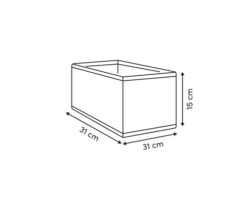 Image d'un bac à plantes avec les dimensions : 31 cm de long, 31 cm de large et 15 cm de haut.