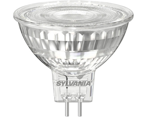 Ampoule LED à réflecteur Sylvania GU5.3 avec boîtier en verre facetté et deux broches. Sylvania Logo.