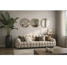 Wohnzimmer mit gepolstertem Sofa, Zierkissen, Zimmerpflanze in einem Topf und drei runden Spiegeln an der Wand.