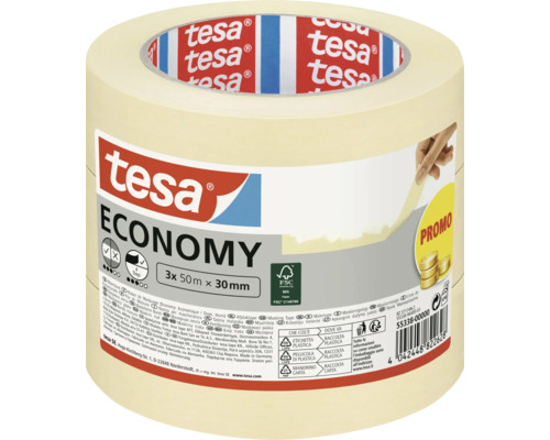 Ruban de masquage Tesa Economy, lot de 3 rouleaux de 50 mètres par 30 millimètres