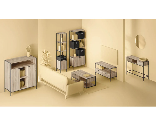 Salon avec canapé, table basse, buffet, console et étagères au design moderne