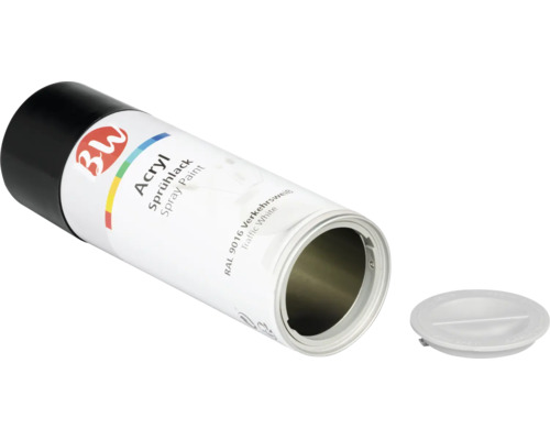 Geöffnete Dose Acryl Sprühlack in Verkehrsweiss mit Deckel