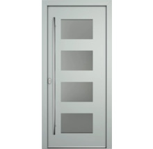 Porte d'entrée avec poignée en acier inoxydable et quatre inserts en verre rectangulaires