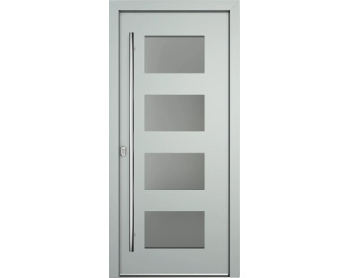 Porte d'entrée avec poignée en acier inoxydable et quatre inserts en verre rectangulaires