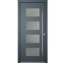 Moderne Haustür mit vier rechteckigen Glaseinsätzen und einem länglichen Türgriff aus Metall