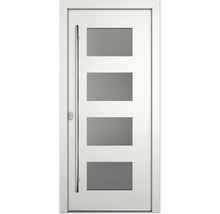 Weiße Innentür mit vier rechteckigen Glaseinsätzen und einem länglichen Griff.