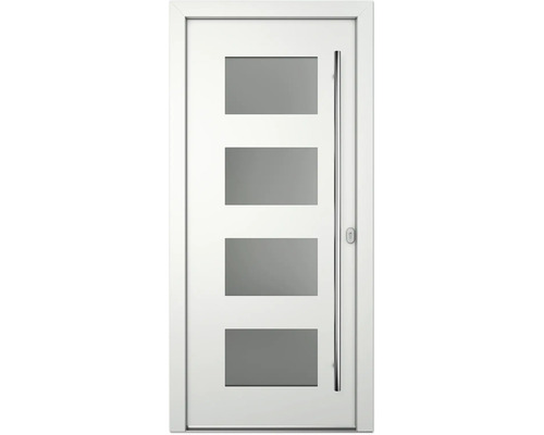 Weiße Haustür mit vier rechteckigen Glaseinsätzen und Edelstahlgriff