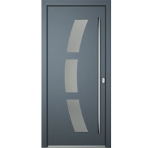 Graue Haustür mit Glaseinsätzen und Edelstahlgriff