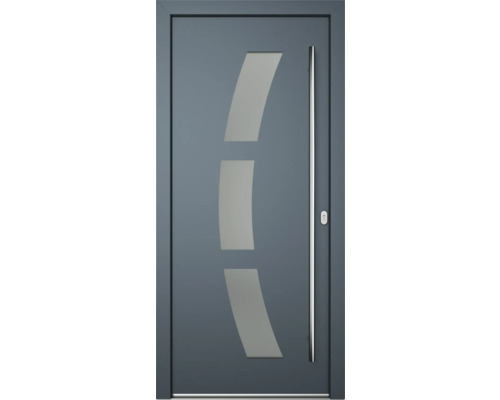 Graue Haustür mit Glaseinsätzen und Edelstahlgriff