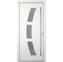 Weiße Innentür mit drei grauen Glaselementen und Metallgriff