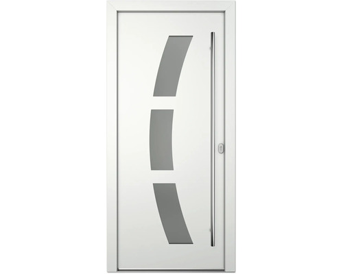 Weiße Innentür mit drei grauen Glaselementen und Metallgriff