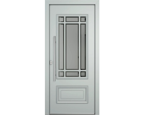 Weisse Haustür mit Glaseinsatz, Griff und Schloss