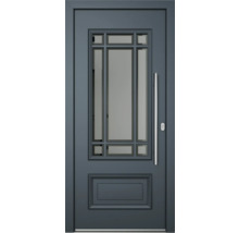 Graue Haustür mit Glaseinsatz und Edelstahlgriff