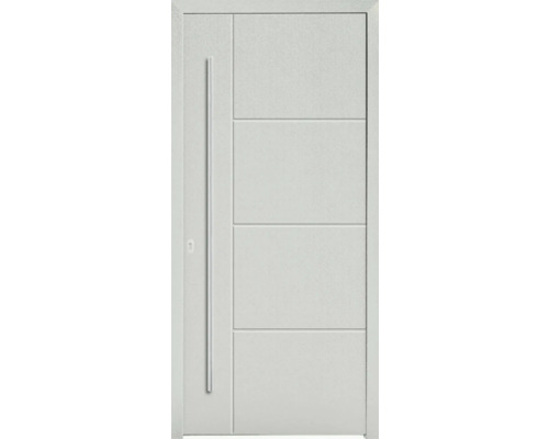 Eingangstür mit Edelstahlgriff und vier Paneelen