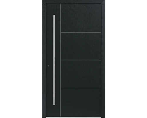 Dunkle Haustür mit senkrechtem Griff und horizontalen Zierlinien