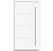 Moderne Haustür mit Edelstahlgriff und vier rechteckigen Feldern