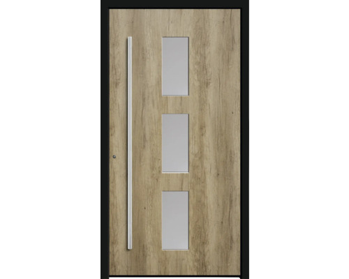Haustür mit drei rechteckigen Glaseinsätzen und Stangengriff