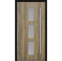 Haustür mit Holzmusterung, drei rechteckigen Glaseinsätzen und einem vertikalen Griff