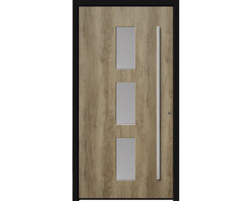 Haustür mit Holzmusterung, drei rechteckigen Glaseinsätzen und einem vertikalen Griff