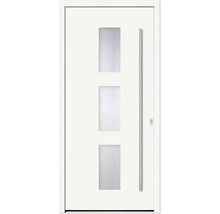 Weiße Haustür mit drei rechteckigen Glaseinsätzen und einem senkrechten Griff