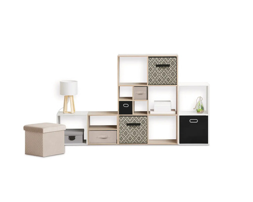 Système d'étagères avec boîtes de rangement et tabouret