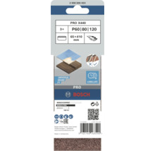 Lot de bandes abrasives Bosch Pro X440, grain P60, P80 et P120, dimension 65 x 410 millimètres, 3 pièces