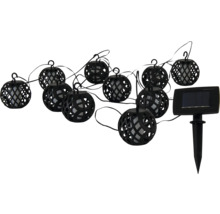 Guirlande lumineuse LED solaire avec dix boules grillagées noires et panneau solaire avec piquet de terre pour l'extérieur.