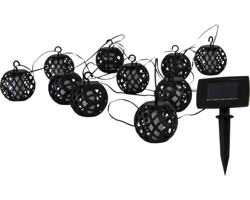Guirlande lumineuse LED solaire avec dix boules grillagées noires et panneau solaire avec piquet de terre pour l'extérieur.