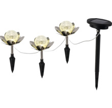 Set de lampes solaires de jardin comprenant trois lampes en forme de lotus, boules en verre craquelé et panneau solaire avec piquet.